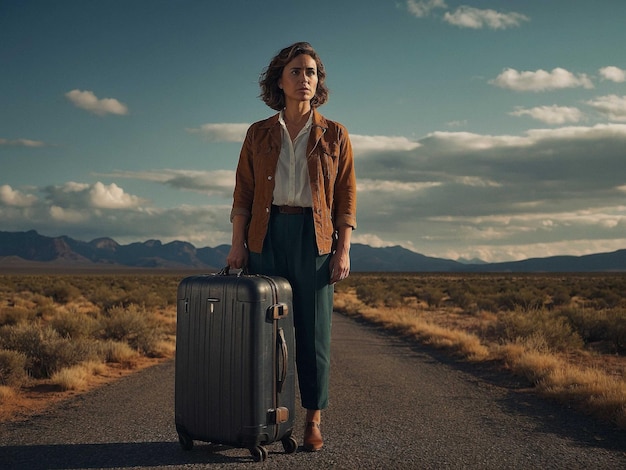 Photo a woman with a suitcase on the road in front of a mountain