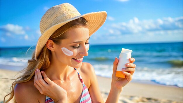 a woman with a sun hat on her head is holding a bottle of alcohol