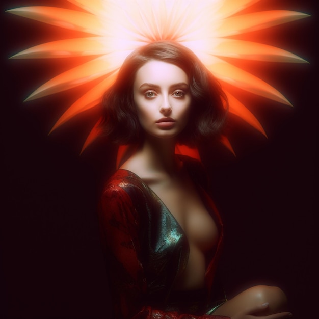 A woman with a sun on her head is shown with a sunburst on her head.