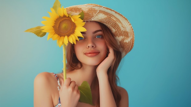 a woman with a sunflower on her head