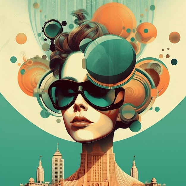 A woman with sunglasses and a city in the background