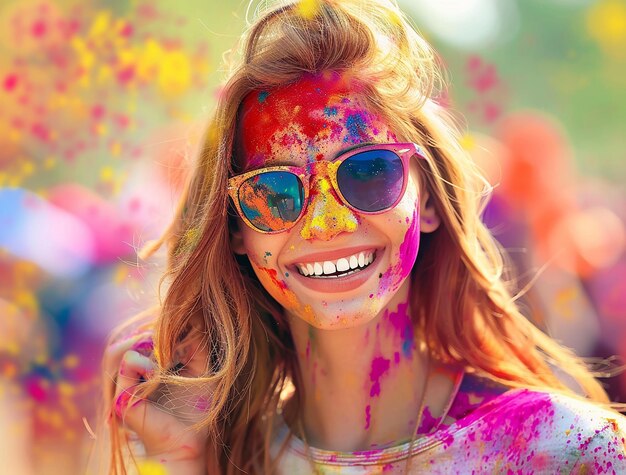 a woman with sunglasses and a colorful face with the word  on it