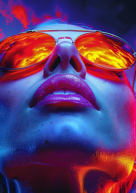 Photo a woman with sunglasses on her face is shown in a bright colorful setting