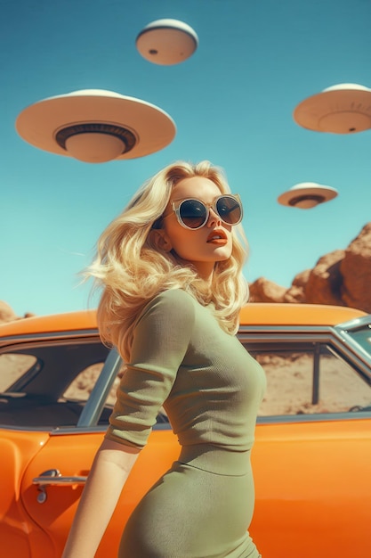 a woman with sunglasses on her head is standing next to a car with the word  frisbee  on the top