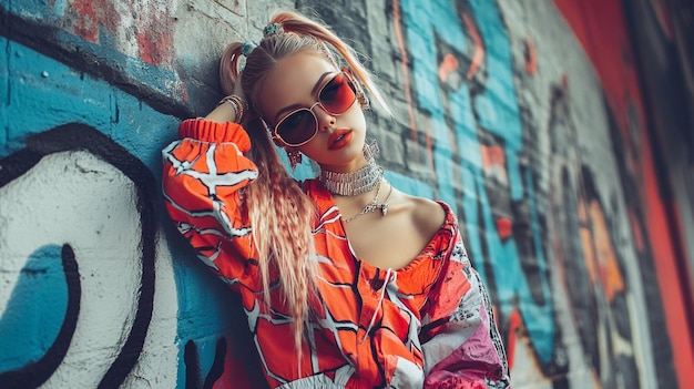 a woman with sunglasses and a red dress is sitting in front of a graffiti wall