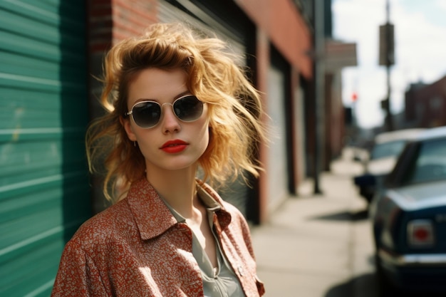 a woman with sunglasses and red lipstick standing in front of a building