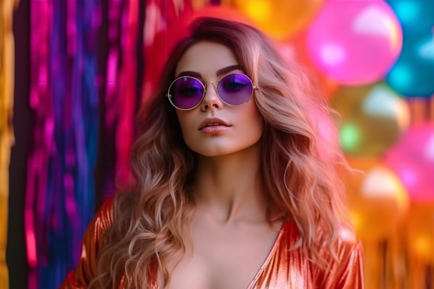 A woman with sunglasses and a red shirt stands in front of a colorful background with lights