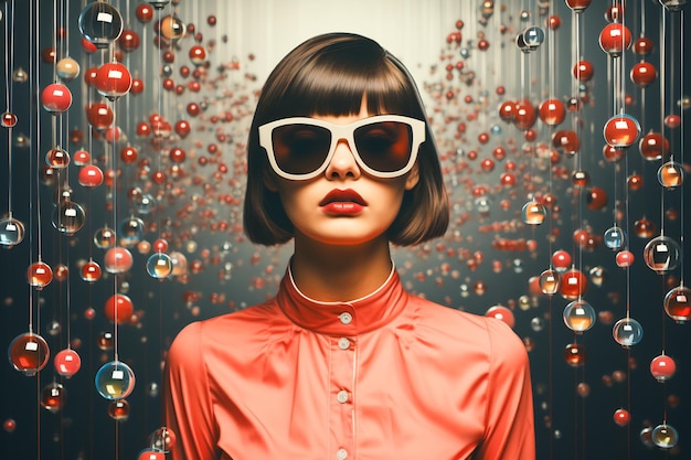 Woman with sunglasses and red shirt with red background Generative AI