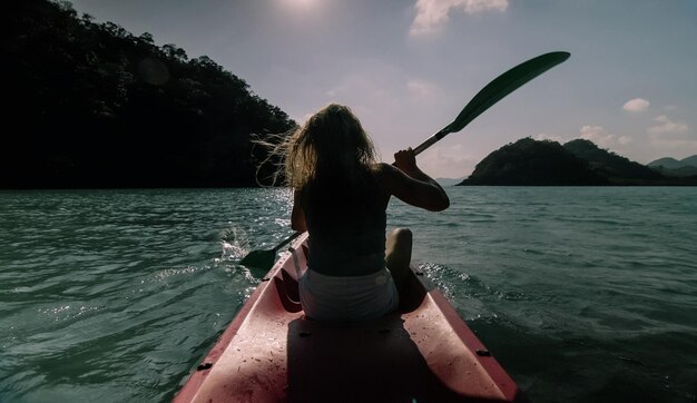 Woman with sunglasses rows pink plastic canoe along sea water against green hills and blue sky