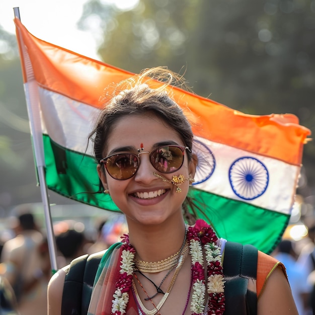 a woman with sunglasses and a scarf that says quot india quot on it