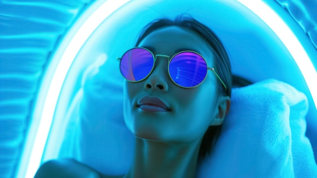 Woman with sunglasses in a tanning bed