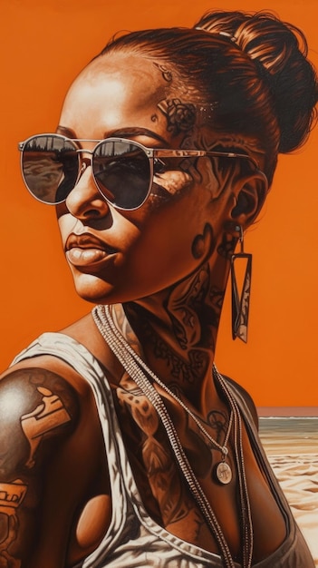 A woman with sunglasses and a tattoo on her arm