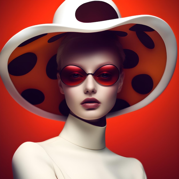 A woman with sunglasses and a white hat with red dots on it.