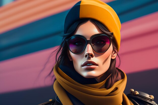 A woman with sunglasses and a yellow scarf stands in front of a colorful background.