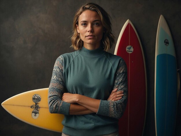 a woman with a surfboard Arms crossed with a thoughtfu_2