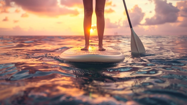 woman with surfboard and paddle at sea on background