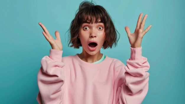 A woman with a surprised expression raises her hands in a dramatic gesture wearing a pink sweater against an aqua background