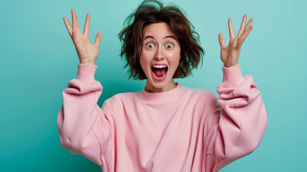 Photo a woman with a surprised expression raises her hands in a dramatic gesture wearing a pink sweater against an aqua background