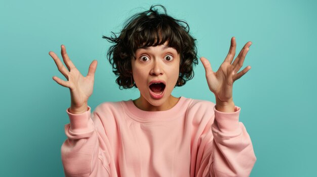 A woman with a surprised expression raises her hands in a dramatic gesture wearing a pink sweater against an aqua background