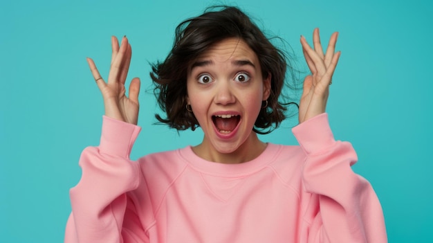 A woman with a surprised expression raises her hands in a dramatic gesture wearing a pink sweater against an aqua background