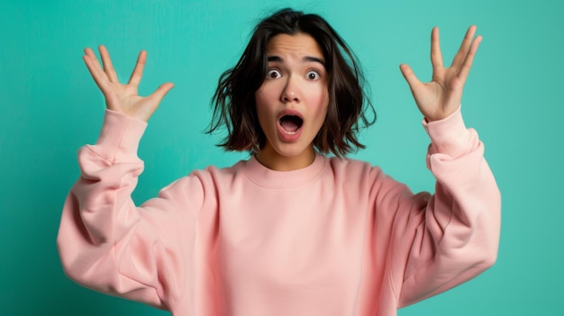 A woman with a surprised expression raises her hands in a dramatic gesture wearing a pink sweater against an aqua background