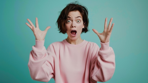 A woman with a surprised expression raises her hands in a dramatic gesture wearing a pink sweater against an aqua background