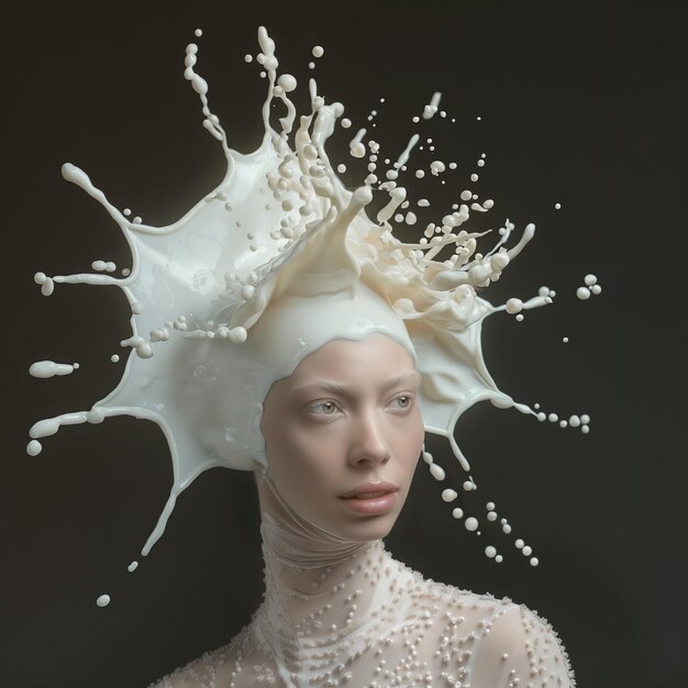 Photo woman with a surreal milk splash headdress on a dark background