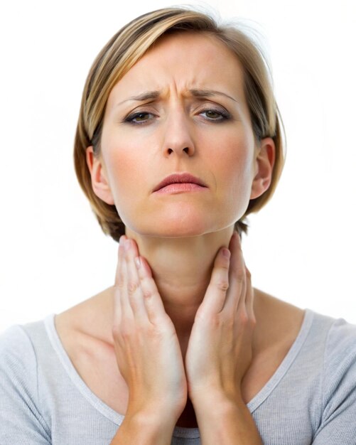 Photo a woman with swollen thyroid gland and swollen neck with pain