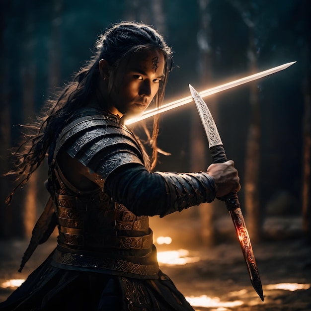 a woman with a sword in a dark forest