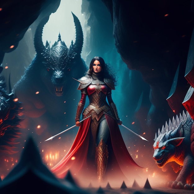 A woman with a sword and a dragon on her head stands in front of a cave with a dragon on it.