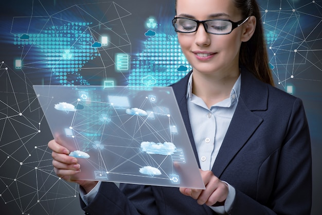 Woman with tablet in cloud computing concept