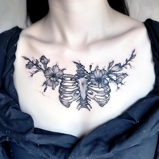 a woman with a tattoo of butterflies on her upper chest