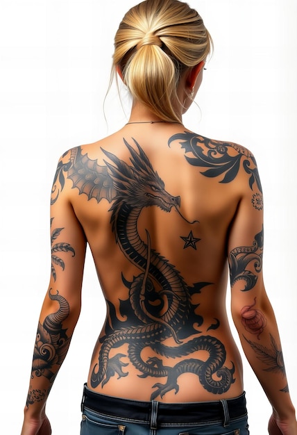 a woman with a tattoo of a dragon on her back