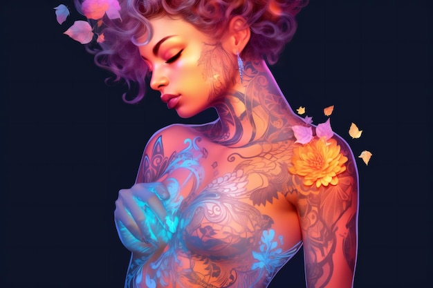 Photo woman with a tattoo fantasy art body with neon flowers intricate glow accents detailed scene fu