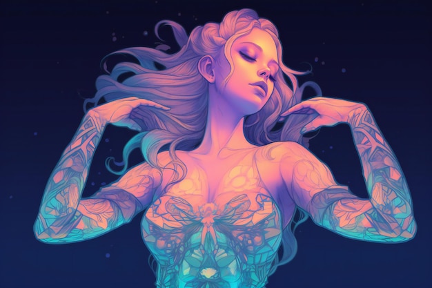 Woman with a tattoo fantasy art body with neon flowers intricate glow accents detailed scene fu