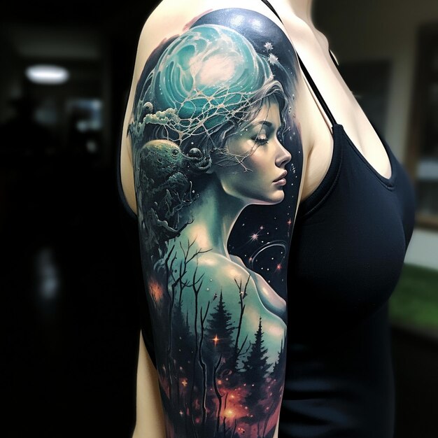 Photo a woman with a tattoo of a girl with the moon and the moon on her arm.