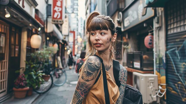 Photo a woman with a tattoo on her arm is walking down a street