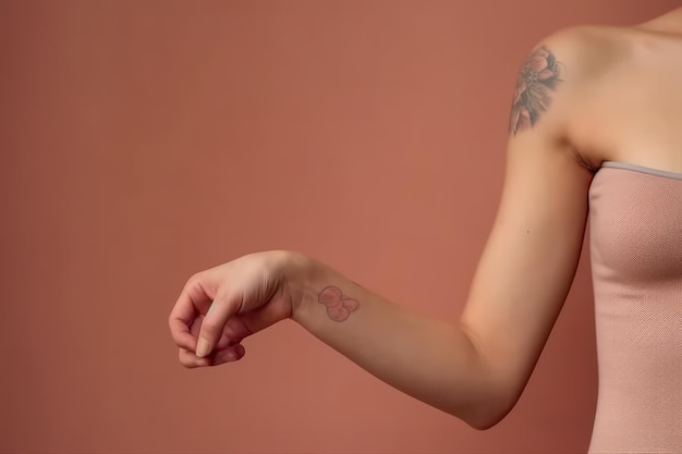 A woman with a tattoo on her arm is wearing a tattoo of a mouse.