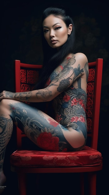 A woman with a tattoo on her arm sits on a red chair.