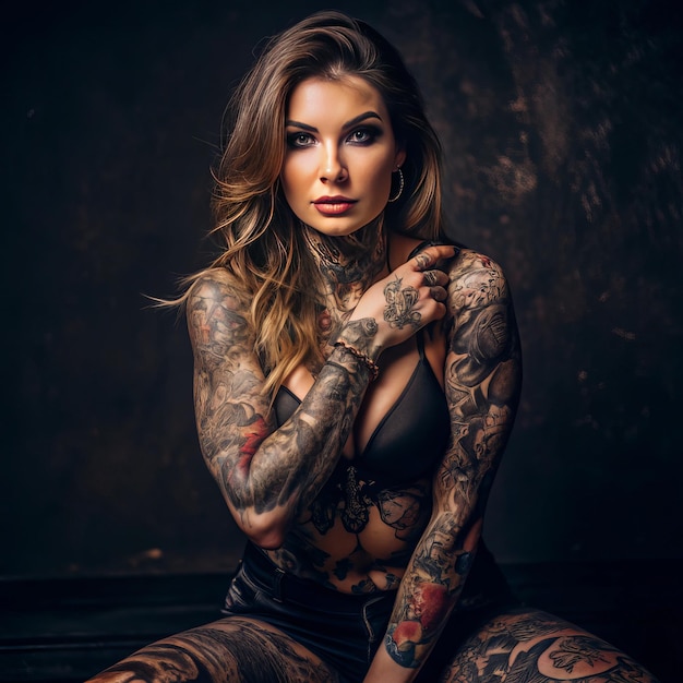 Photo a woman with a tattoo on her arm sits on a table