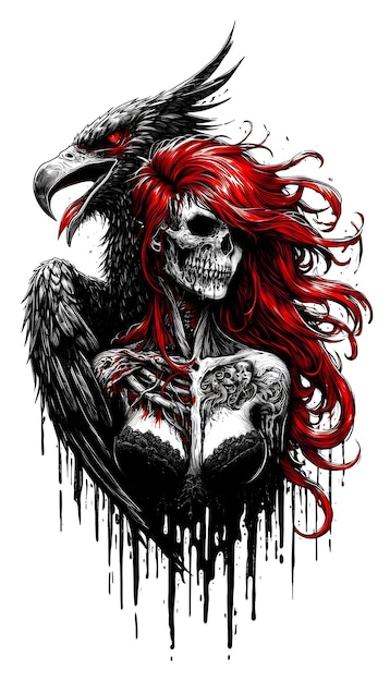 Photo a woman with a tattoo on her arm and a skull with red hair and a feathered hat