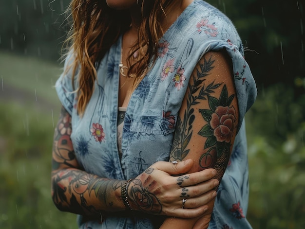 Photo a woman with a tattoo on her arm stands in the rain