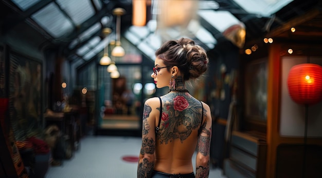 Photo a woman with a tattoo on her back is walking down a hallway