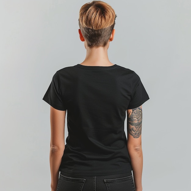 Photo a woman with a tattoo on her back stands in front of a white background