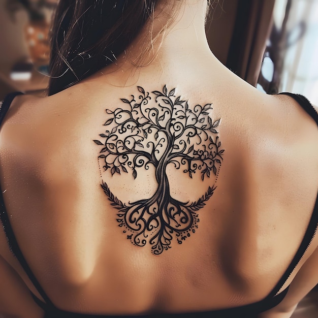 a woman with a tattoo on her back that says quot tree quot