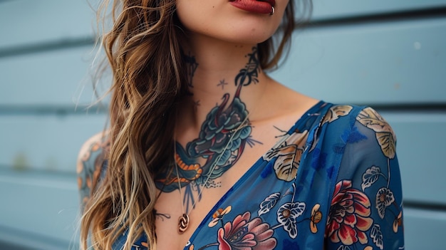 a woman with a tattoo on her chest is covered in flowers and the word butterfly