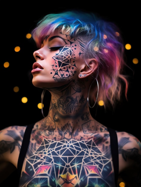 A woman with a tattoo on her face is shown with a black background.