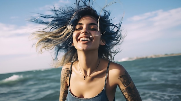 A woman with a tattoo on her head is laughing and laughing.