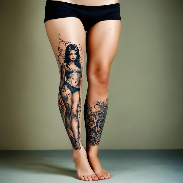 Photo a woman with a tattoo on her leg and the word anime on her leg