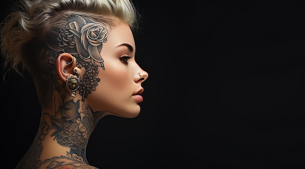 Photo a woman with a tattoo on her neck and a tattoo of a woman with a tattoo of flowers on her neck